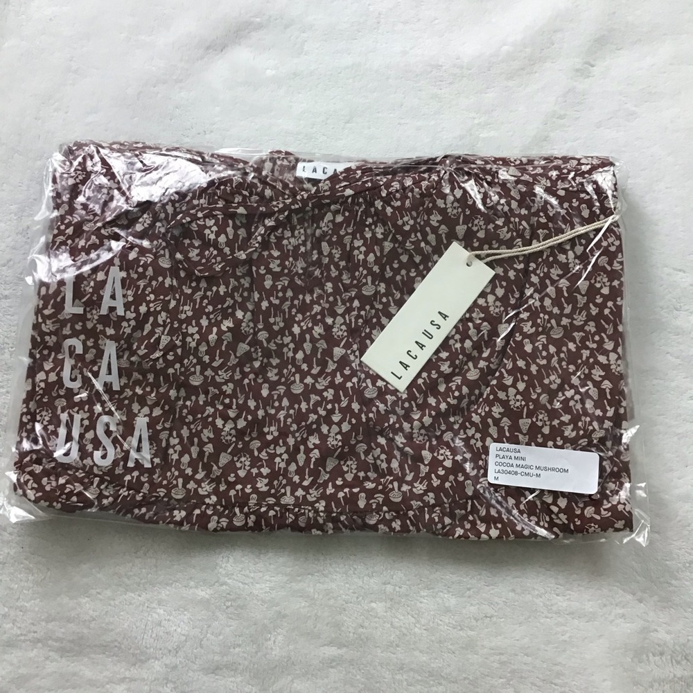NWT LACAUSA Babydoll Mini Dress Puff Sleeve Mushroom Print Size M - Picture 11 of 11